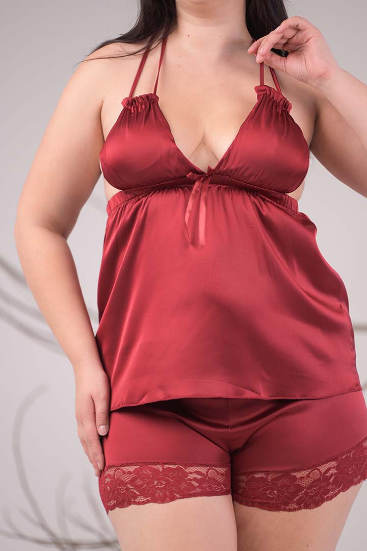 AXTZH 3-Piece Satin Nightwear Set with Robe X7662-SCARLET-NSS3PS