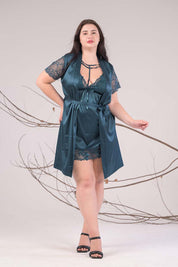 AXTZH Satin Lace 2-Piece Nightwear Set with Robe X7671-TEAL-F11S