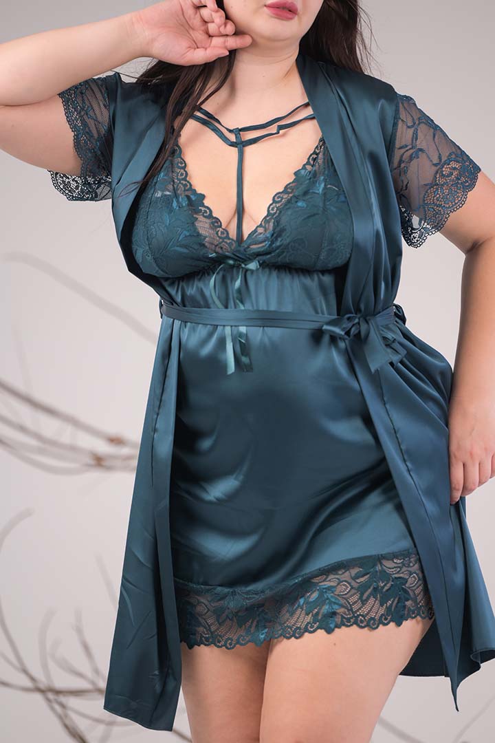 AXTZH Satin Lace 2-Piece Nightwear Set with Robe X7671-TEAL-F11S