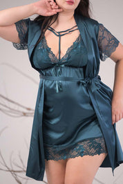 AXTZH Satin Lace 2-Piece Nightwear Set with Robe X7671-TEAL-F11S