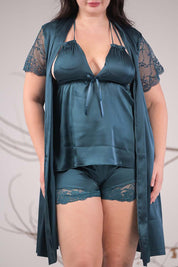 AXTZH 3-Piece Satin Nightwear Set with Robe X7662-TEAL-NSS3PS