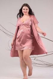 AXTZH 2-Piece Satin Nightwear Set with Robe X7651-ROSE-F11S