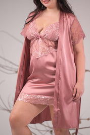 AXTZH 2-Piece Satin Nightwear Set with Robe X7651-ROSE-F11S
