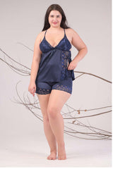 AXTZH Lace Panel Satin Camisole & Shorts Set Nightwear X0652-NAVY-A4S
