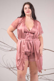 AXTZH 3-Piece Satin Nightwear Set with Robe X7662-ROSE-NSS3PS