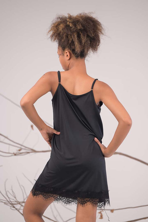 AXTZH Lace Trim Satin Slip Dress Nightwear X1807-BLACK-H6L