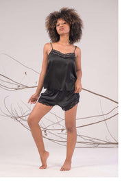 AXTZH Satin Ruffle Trim Nightware Set X8359-BLACK-A4S