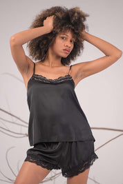 AXTZH Satin Ruffle Trim Nightware Set X8359-BLACK-A4S