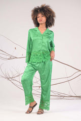 AXTZH 2-Piece Full-Length Satin Nightwear Set X6462-FGREEN-WC2S