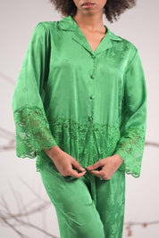 AXTZH 2-Piece Full-Length Satin Nightwear Set X6462-FGREEN-WC2S