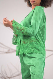 AXTZH 2-Piece Full-Length Satin Nightwear Set X6462-FGREEN-WC2S