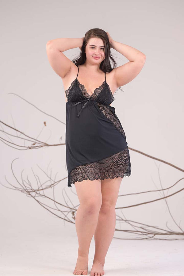 AXTZH Lace Detail Satin Slip Nightdress X2005-BLACK-F1L