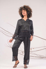 AXTZH 2-Piece Full-Length Satin Nightwear Set X6462-BLACK-WC2S