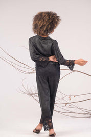 AXTZH 2-Piece Full-Length Satin Nightwear Set X6462-BLACK-WC2S