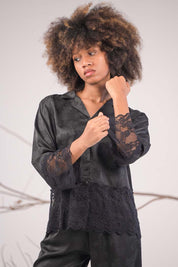 AXTZH 2-Piece Full-Length Satin Nightwear Set X6462-BLACK-WC2S