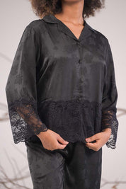 AXTZH 2-Piece Full-Length Satin Nightwear Set X6462-BLACK-WC2S