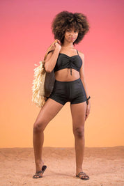 AXTZH Ruched High-Waisted Shorts Swimwear Set X9226-BLACK-2PS