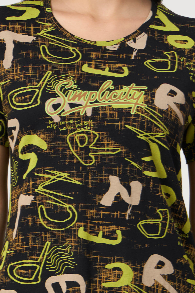 Close up of the round neckline and print detail on the t-shirt