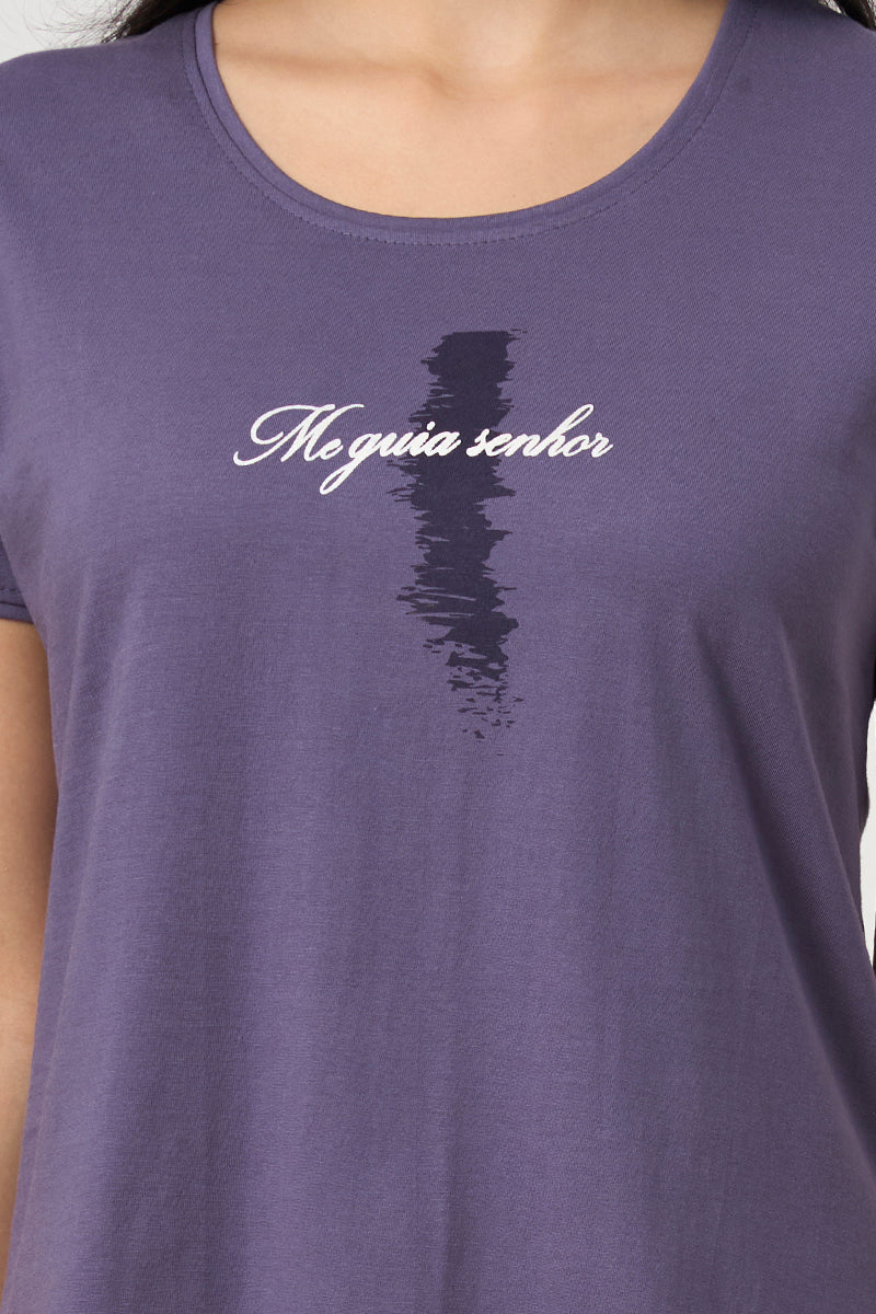 Close up of the printed graphic on the purple pyjama top