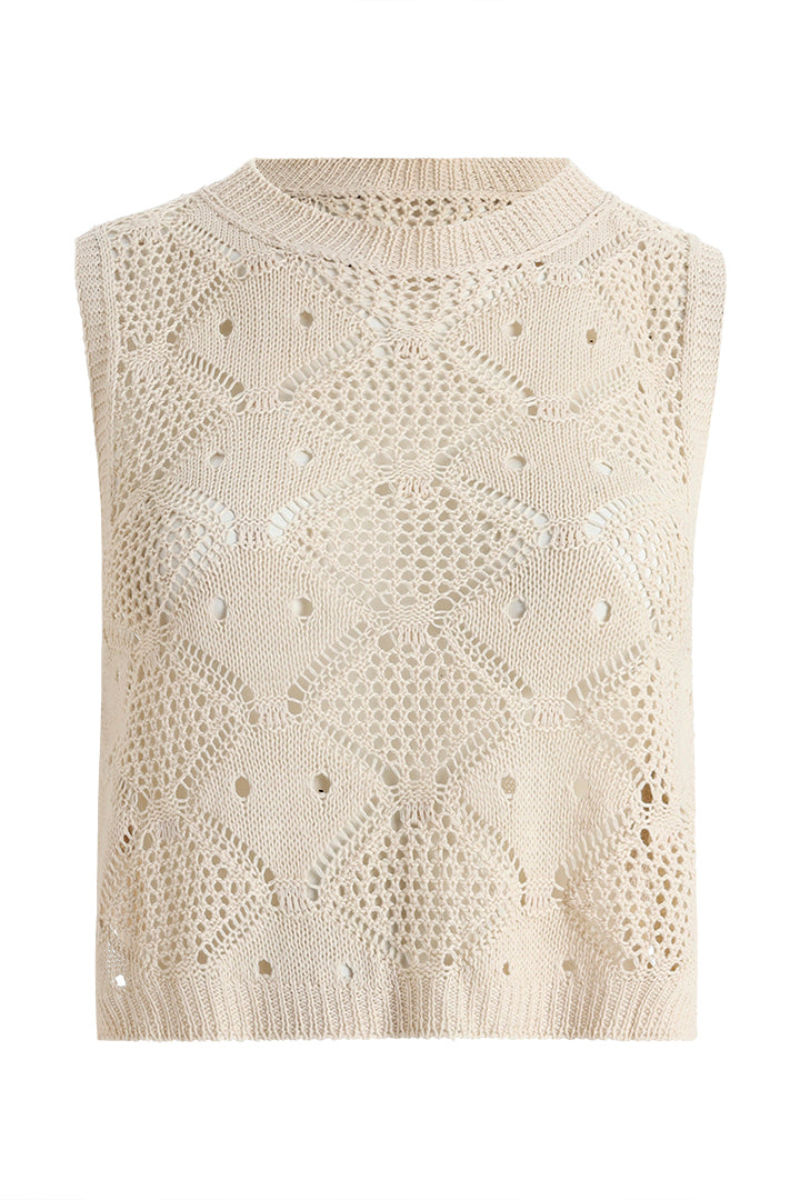 AXTZH Two-Piece Women’s Crochet Beachwear Set with Relaxed Fit Top and Drawstring Shorts-X2650-BEIGE-BW2PS