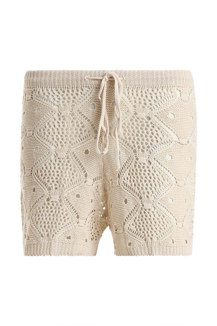 AXTZH Two-Piece Women’s Crochet Beachwear Set with Relaxed Fit Top and Drawstring Shorts-X2650-BEIGE-BW2PS