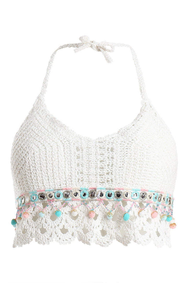 AXTZH Crochet Halter Beachwear Bra Top with Handcrafted Detailing and Playful Design-X0169-WHITE9-BW1PBL