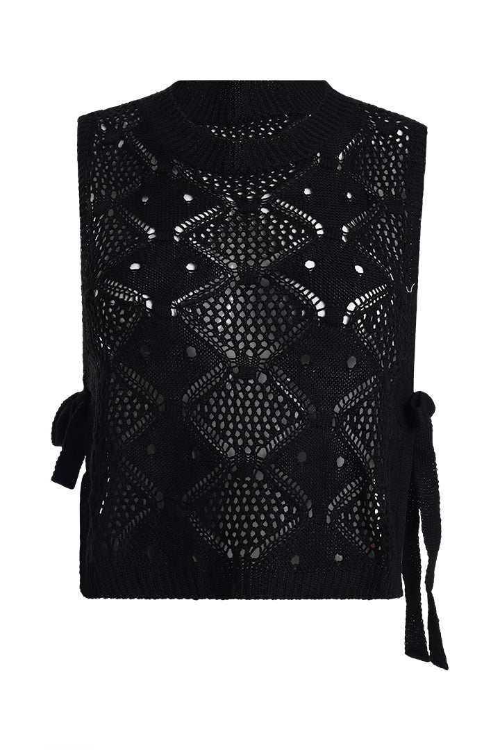 AXTZH Two-Piece Women’s Crochet Beachwear Set with Relaxed Fit Top and Drawstring Shorts-X2650-BLACK-BW2PS