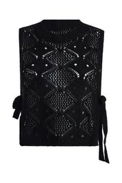 AXTZH Two-Piece Women’s Crochet Beachwear Set with Relaxed Fit Top and Drawstring Shorts-X2650-BLACK-BW2PS