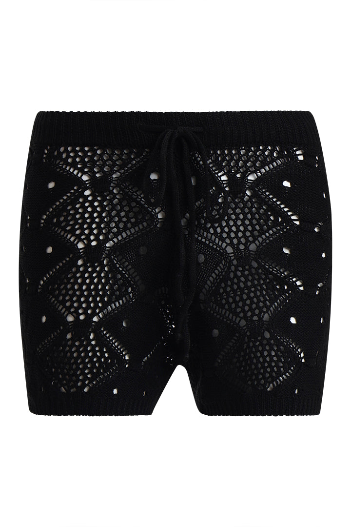 AXTZH Two-Piece Women’s Crochet Beachwear Set with Relaxed Fit Top and Drawstring Shorts-X2650-BLACK-BW2PS