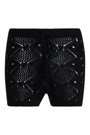 AXTZH Two-Piece Women’s Crochet Beachwear Set with Relaxed Fit Top and Drawstring Shorts-X2650-BLACK-BW2PS