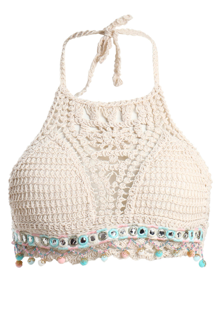 AXTZH Crochet Halter Beachwear Bra Top with Handcrafted Detailing and Playfu-X0169-BEIGE7-BW1PBL