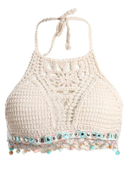 AXTZH Crochet Halter Beachwear Bra Top with Handcrafted Detailing and Playfu-X0169-BEIGE7-BW1PBL