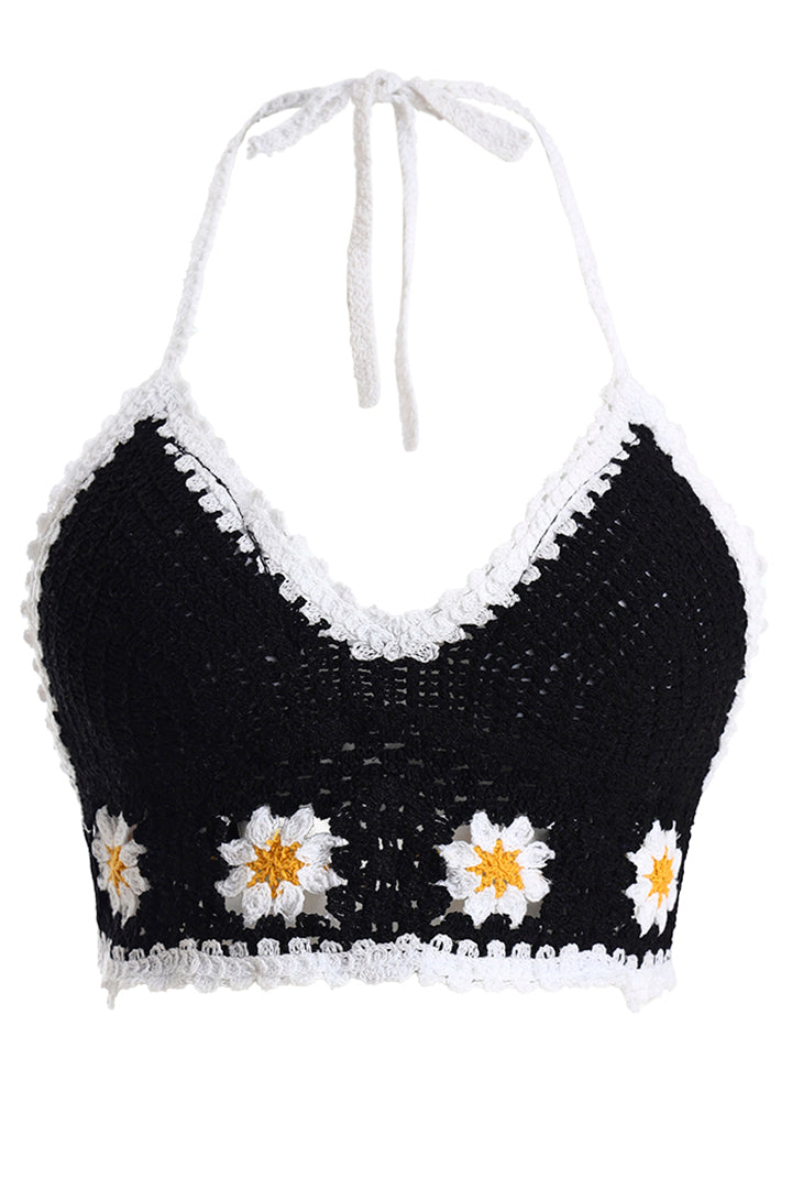 AXTZH Crochet Halter Beachwear Bra Top with Handcrafted Detailing and Playfu-X0169-BLACK2-BW1PBL