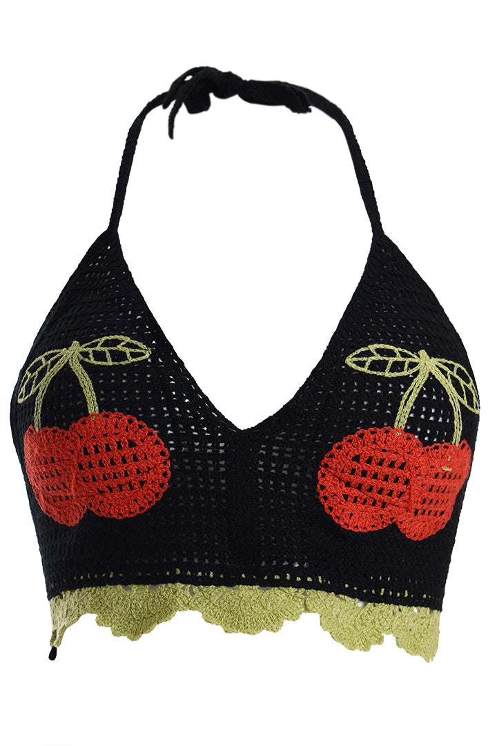 AXTZH Crochet Halter Beachwear Bra Top with Handcrafted Detailing and Playfu-X0169-BLACK1-BW1PBL