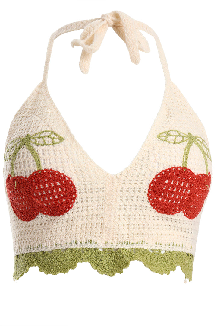 AXTZH Crochet Halter Beachwear Bra Top with Handcrafted Detailing and Playful Design-X0169-CREAM-BW1PBL