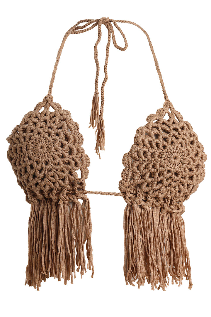 AXTZH Statement Crochet Beach Set Featuring Handcrafted Bra Top and Dramatic Fringe Overlay-X0381-CAMEL-BW2PF