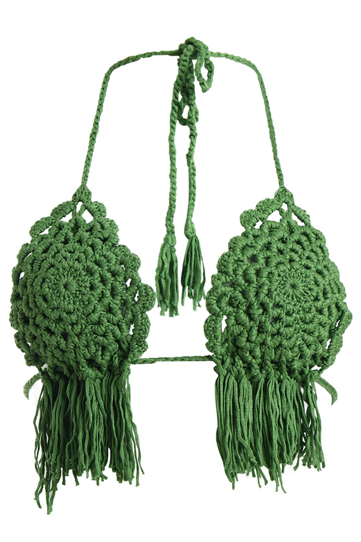AXTZH  Statement Crochet Beach Set Featuring Handcrafted Bra Top and Dramatic Fringe Overlay-X0381-FGREEN-BW2PF