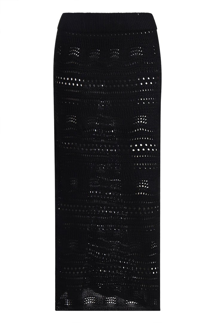 AXTZ Women’s 2-Piece Crochet Beachwear Set Featuring Sleeveless Top and Flowing Maxi Skirt-X2435-BLACK-BW2PF