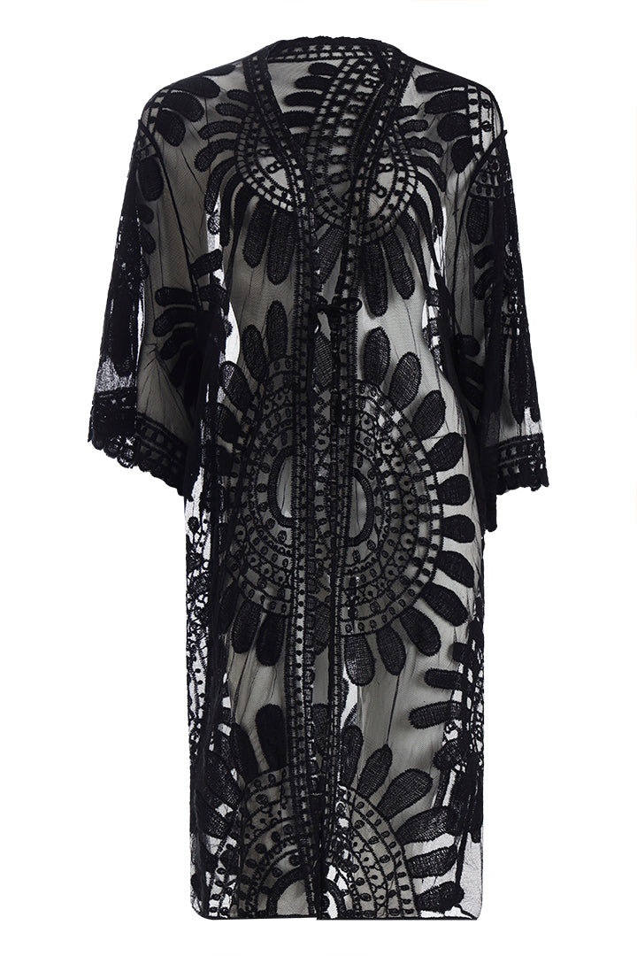 AXTZH Elegant Beachwear Cover-Up Featuring Intricate Patterns and Lightweight Drape-X0808-BLACK-SNGA2