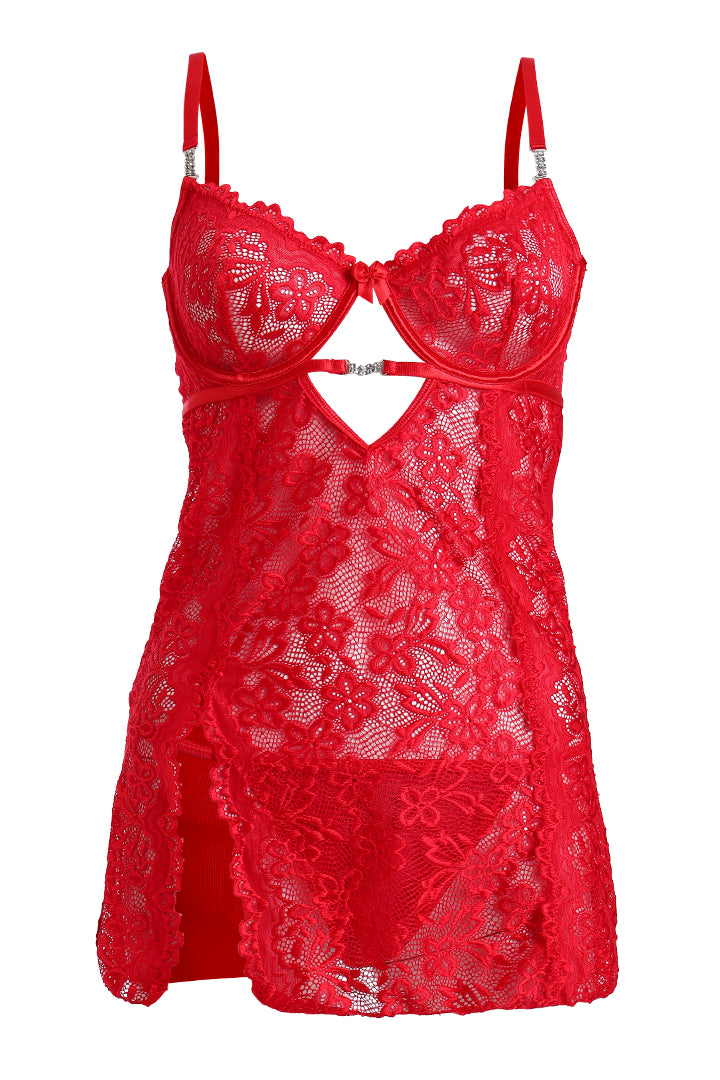AXTZH Sensual Lace Nightwear for Women with Sheer Detailing and Elegant Cut-Out Accents X4372-RED-SF1N