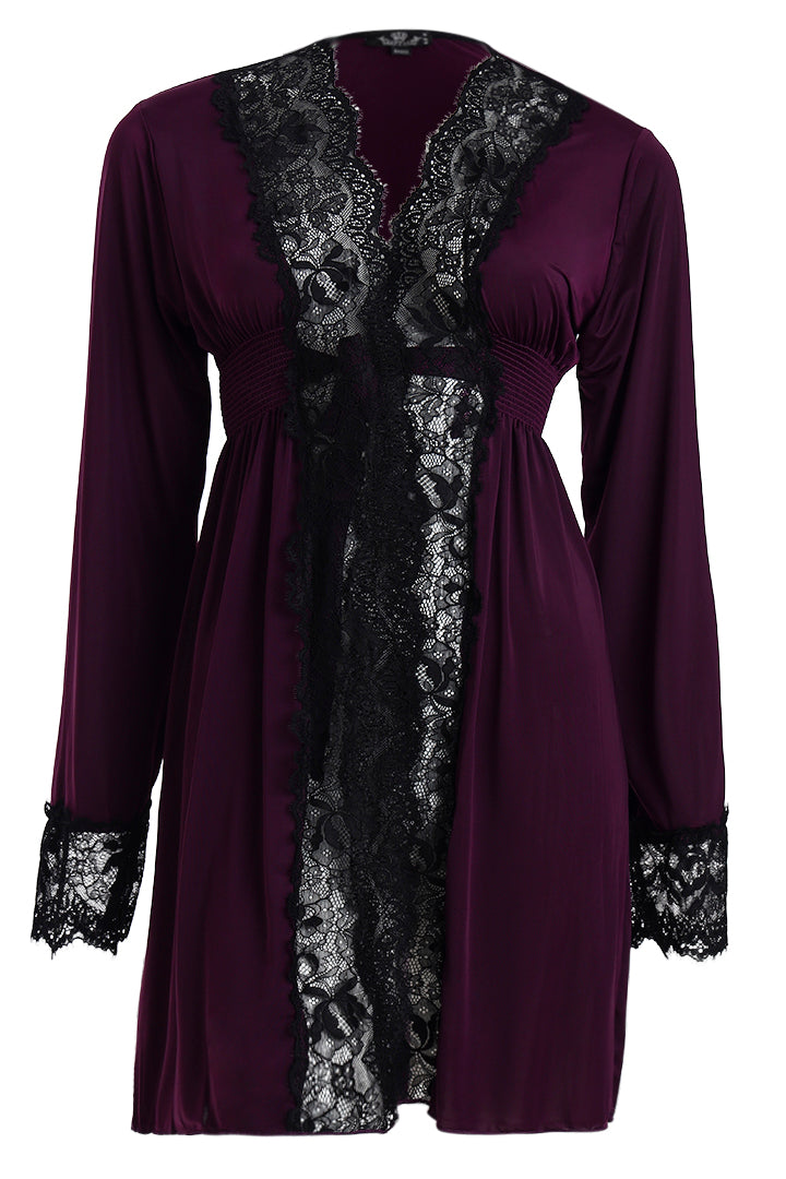 AXTZH Stylish Nightwear Duo with Flowing Outer Robe and Comfortable Inner Slip Dress X3233-MULBERRY-F11M