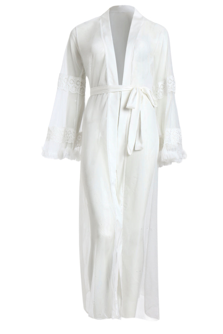 AXTZH Sophisticated and Alluring Nightwear Ensemble Featuring a Full-Length Gown with Sheer Accents X5101-WHITE-F22S