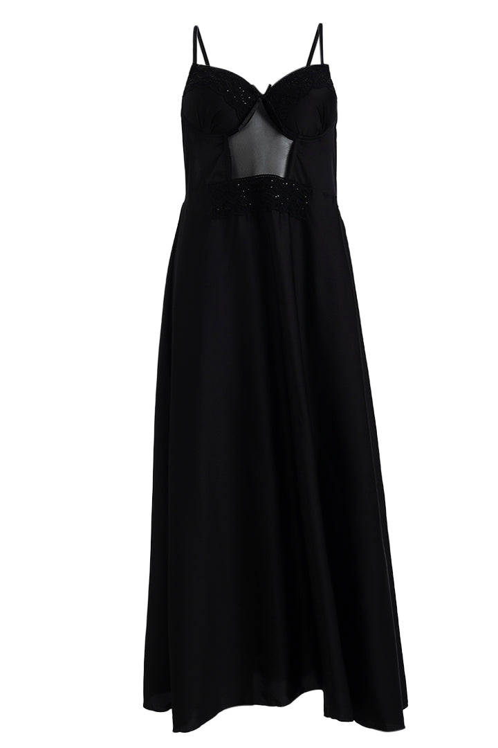 AXTZH Sophisticated and Alluring Nightwear Ensemble Featuring a Full-Length Gown with Sheer Accents X5101-BLACK-F22S