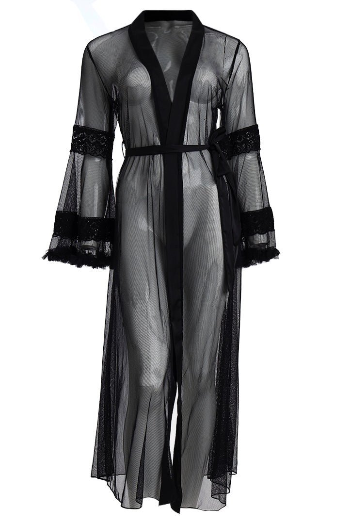 AXTZH Sophisticated and Alluring Nightwear Ensemble Featuring a Full-Length Gown with Sheer Accents X5101-BLACK-F22S