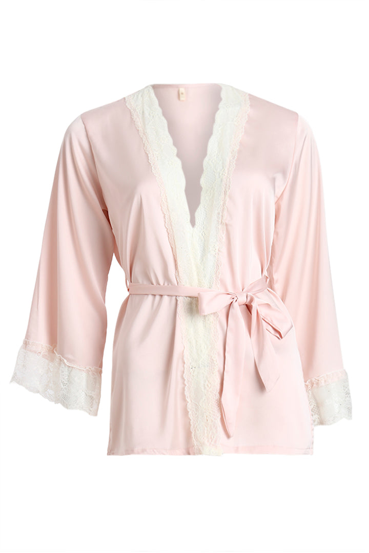 AXTZH Luxurious Women’s Nightwear Set with Lace-Trimmed Robe, Inner Top, and Matching Bottoms X0351-BLUSH-NSL3PS