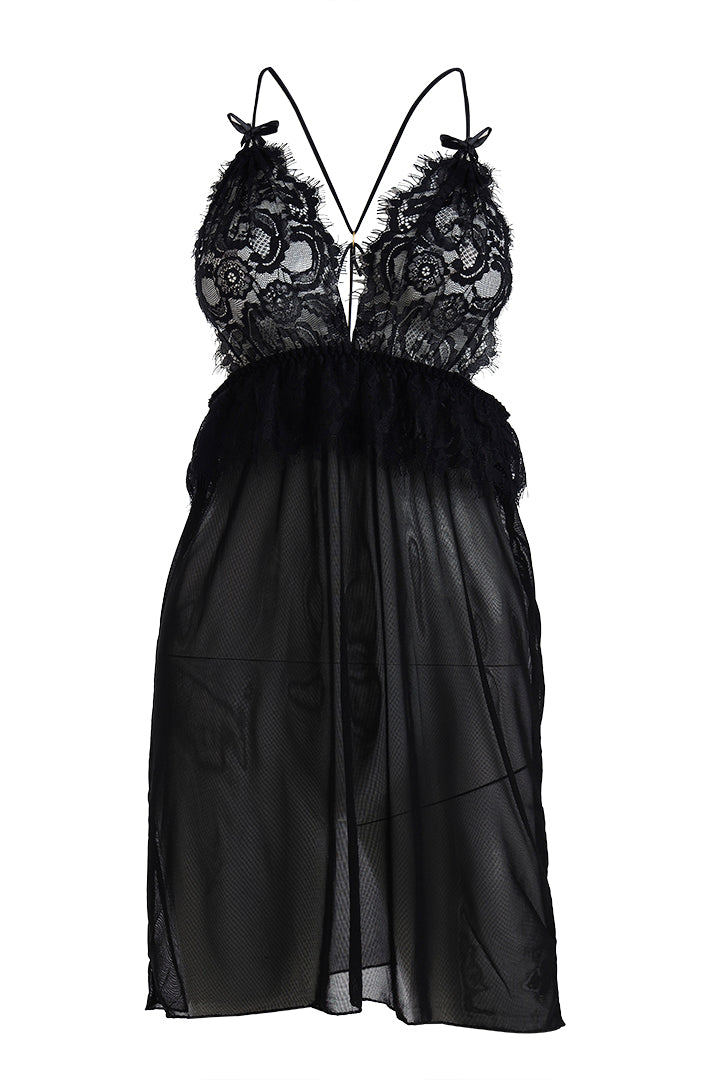 AXTZH  Women’s 2 Piece Nightwear Set with Sheer Robe and Slip Dress X8806-BLACK-F11N