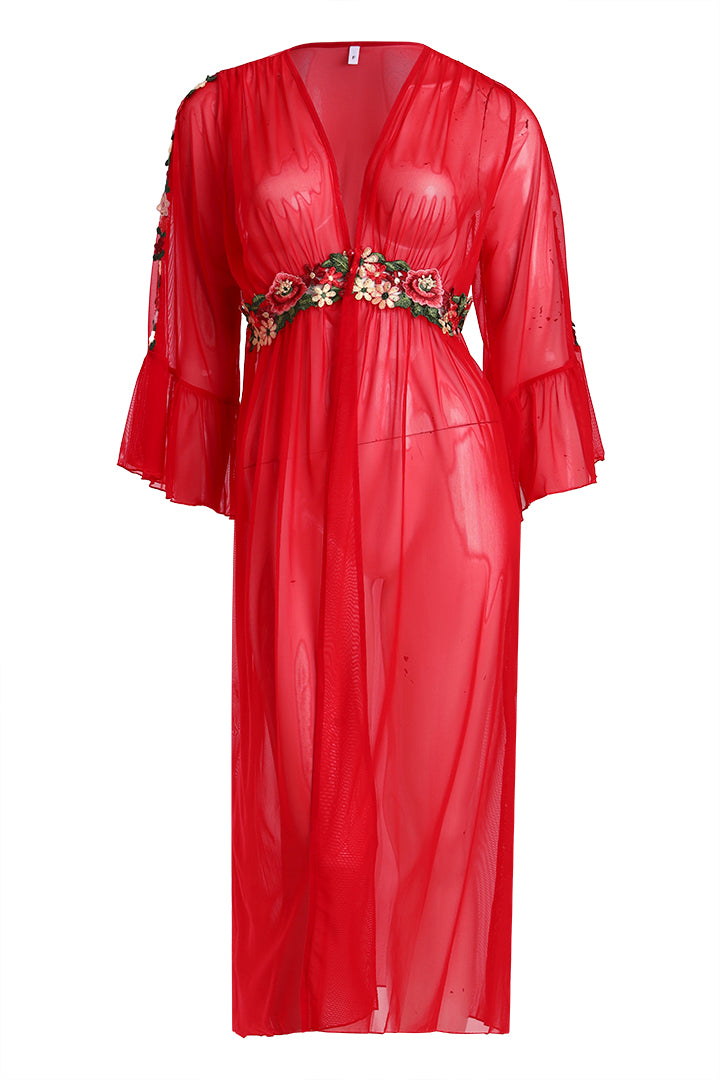 AXTZH Stylish Women’s Nightwear Set with Flared Sleeves and Embellished Waistline X0300-CRIMSON-F11N