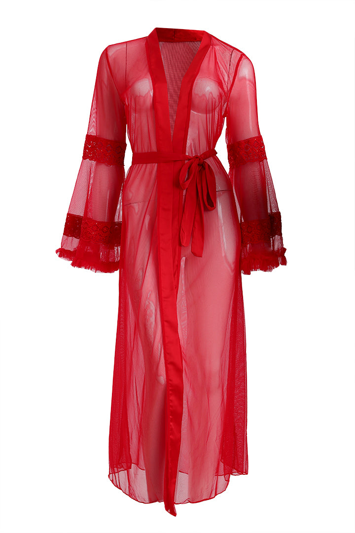 AXTZH Sophisticated and Alluring Nightwear Ensemble Featuring a Full-Length Gown with Sheer Accents X5101-CRIMSON-F22S