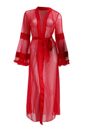 AXTZH Sophisticated and Alluring Nightwear Ensemble Featuring a Full-Length Gown with Sheer Accents X5101-CRIMSON-F22S