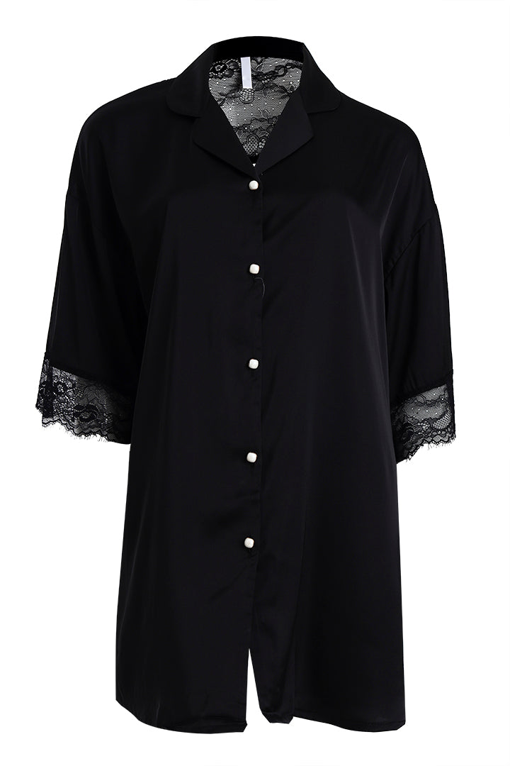 AXTZH Relaxed Fit Nightwear for Women with Shirt Collar and Soft Satin Finish X2654-BLACK-G1S